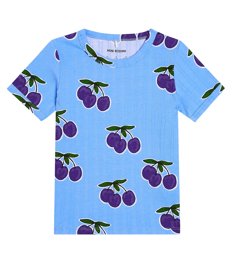 Mini Rodini Kids' Printed Ribbed Cotton T-shirt In Blue