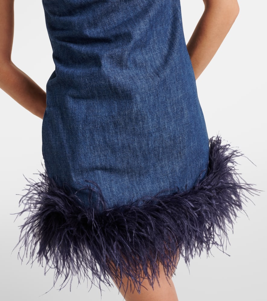Shop Valentino Feather-trimmed Denim Minidress In Blau