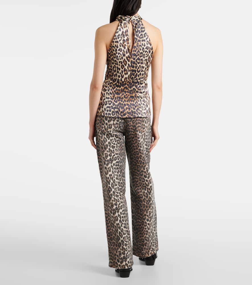 Ganni Leopard Print Satin Top For In Brown