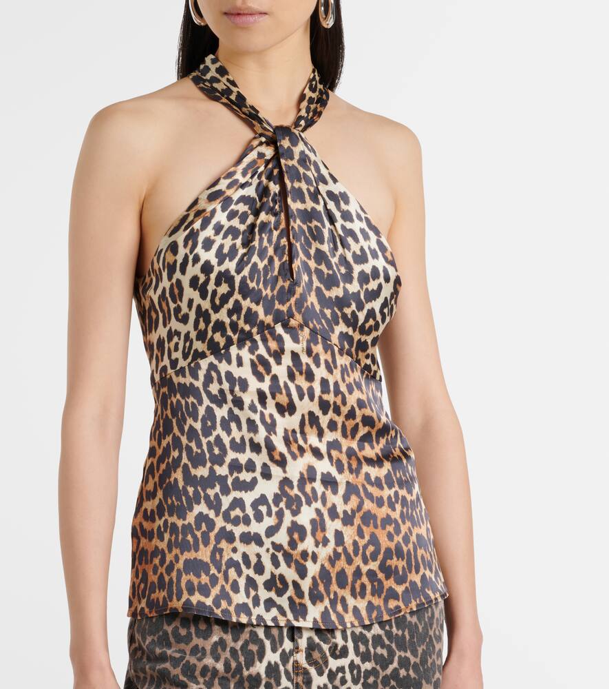 Ganni Leopard Print Satin Top For In Brown