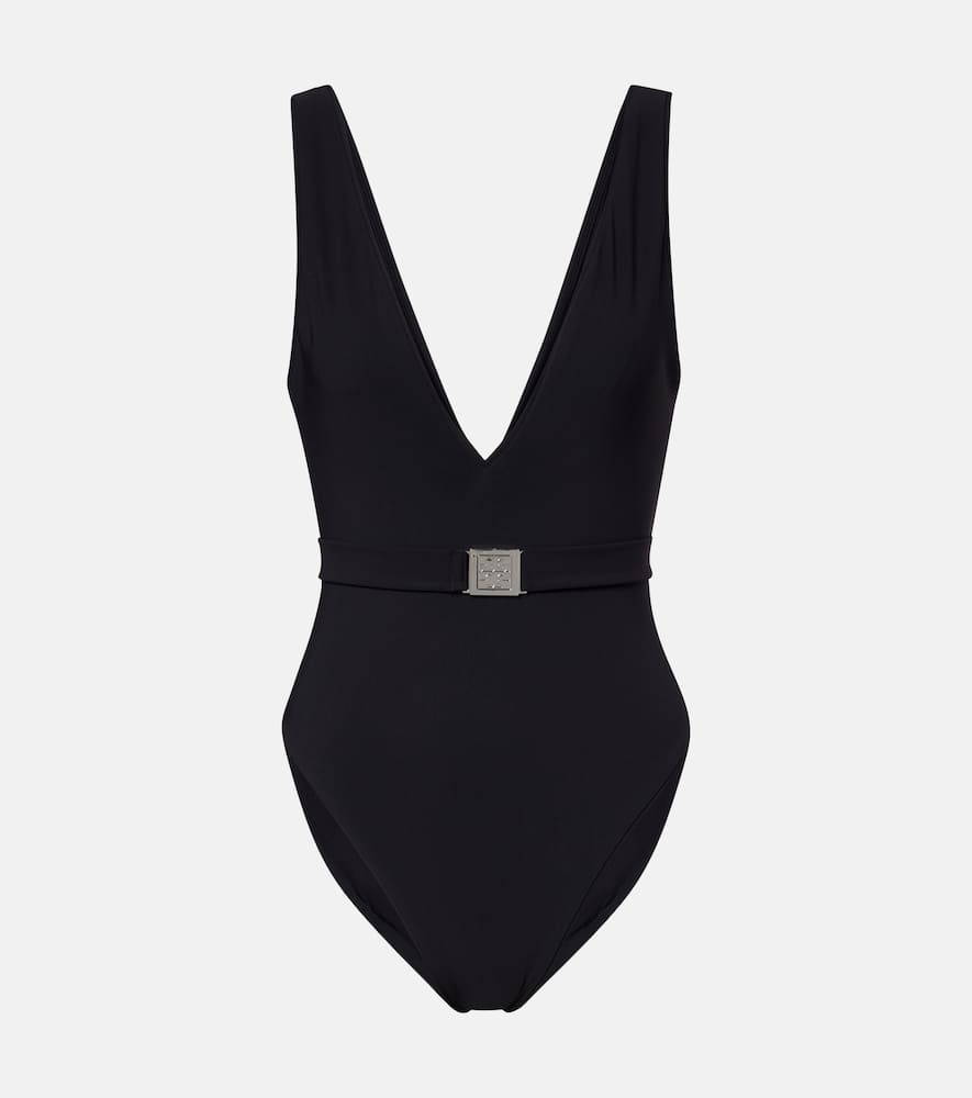 Tory Burch Double T Belted Swimsuit In Black