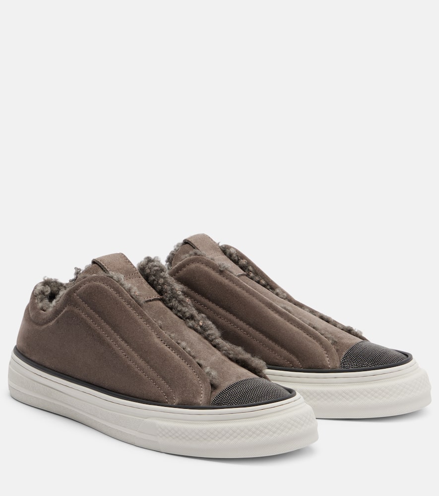 Brunello Cucinelli Monili Suede Slip-on Shoes In Gray