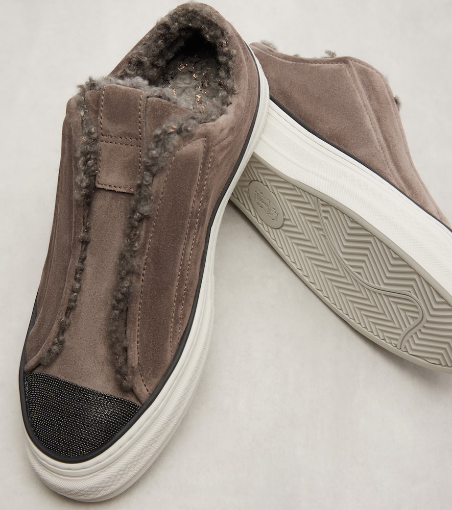 Brunello Cucinelli Monili Suede Slip-on Shoes In Gray