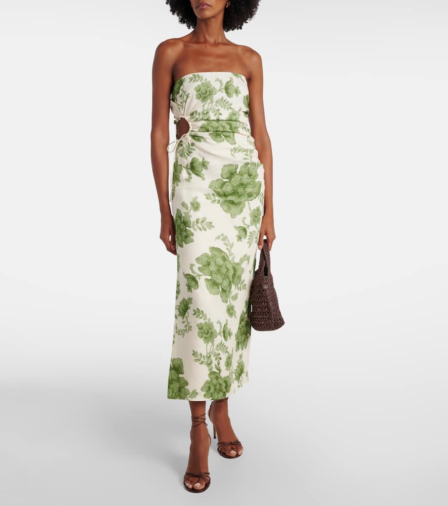 Sir Gardella Strapless Cutout Floral-print Linen Midi Dress In Multi