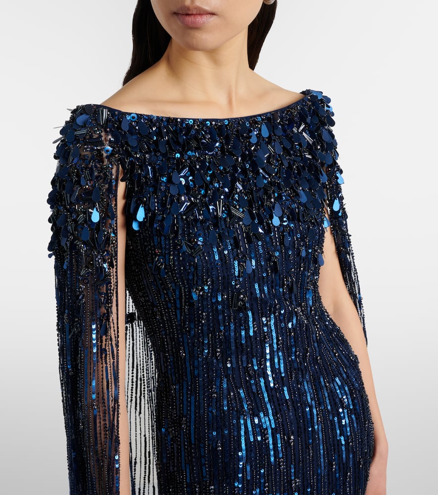Jenny Packham Luella Fringed Sequined Gown In Blue