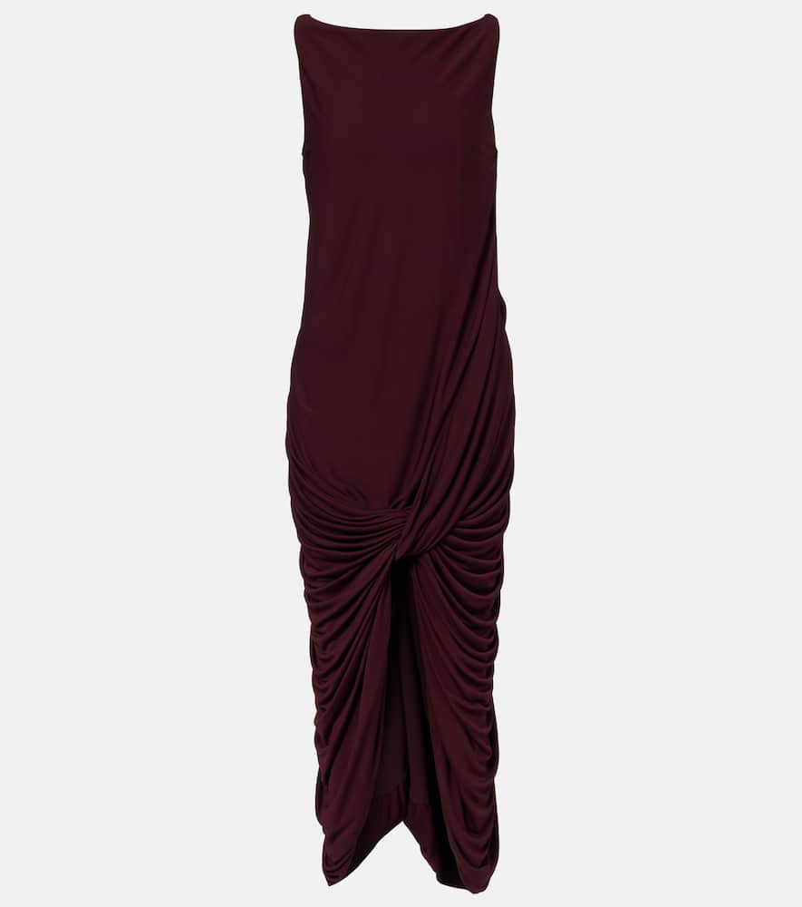 Loewe Twisted Gathered Jersey Midi Dress In Burgundy
