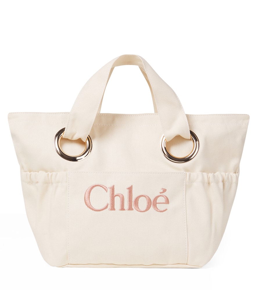 Chloé Kids Logo Leather-trimmed Canvas Basket Bag In Gold