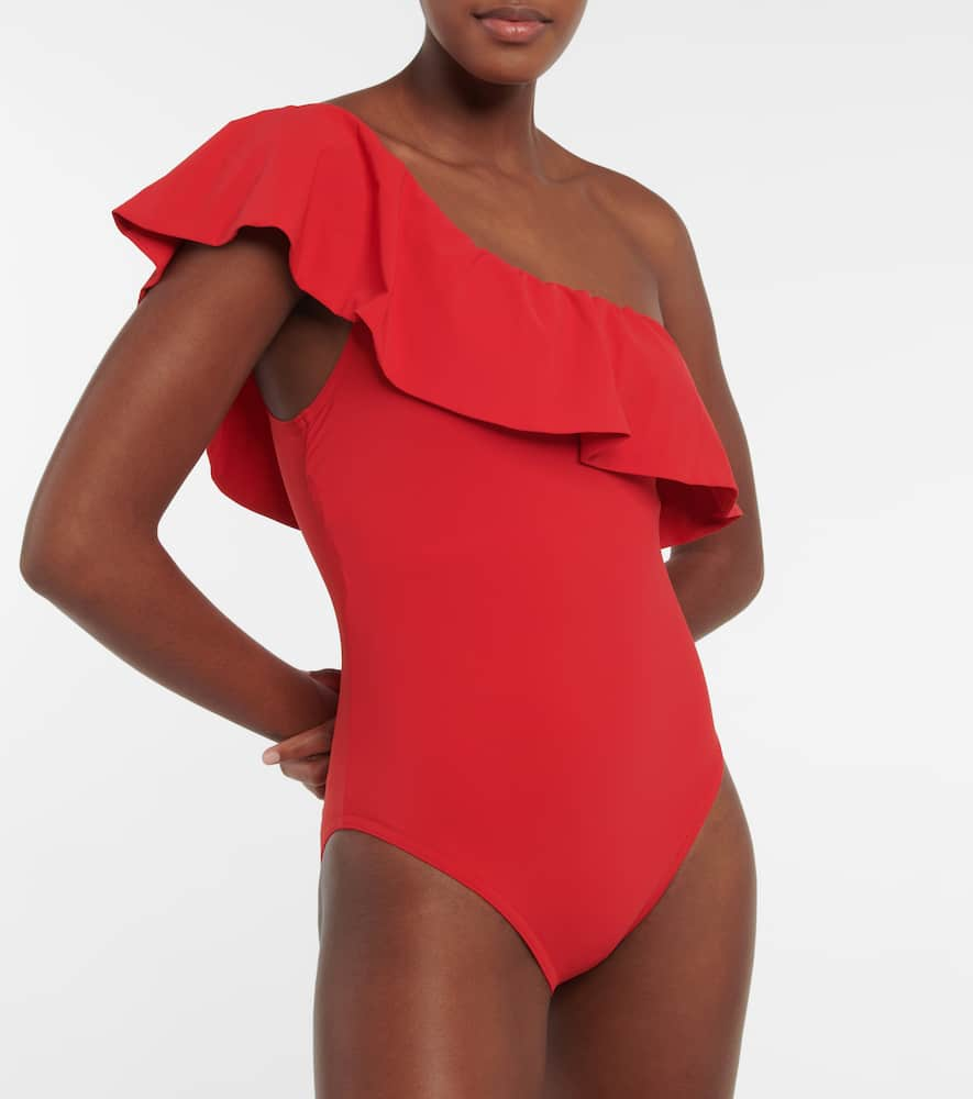 Shop Karla Colletto Ruffle-trimmed One-shoulder Swimsuit In Cherry