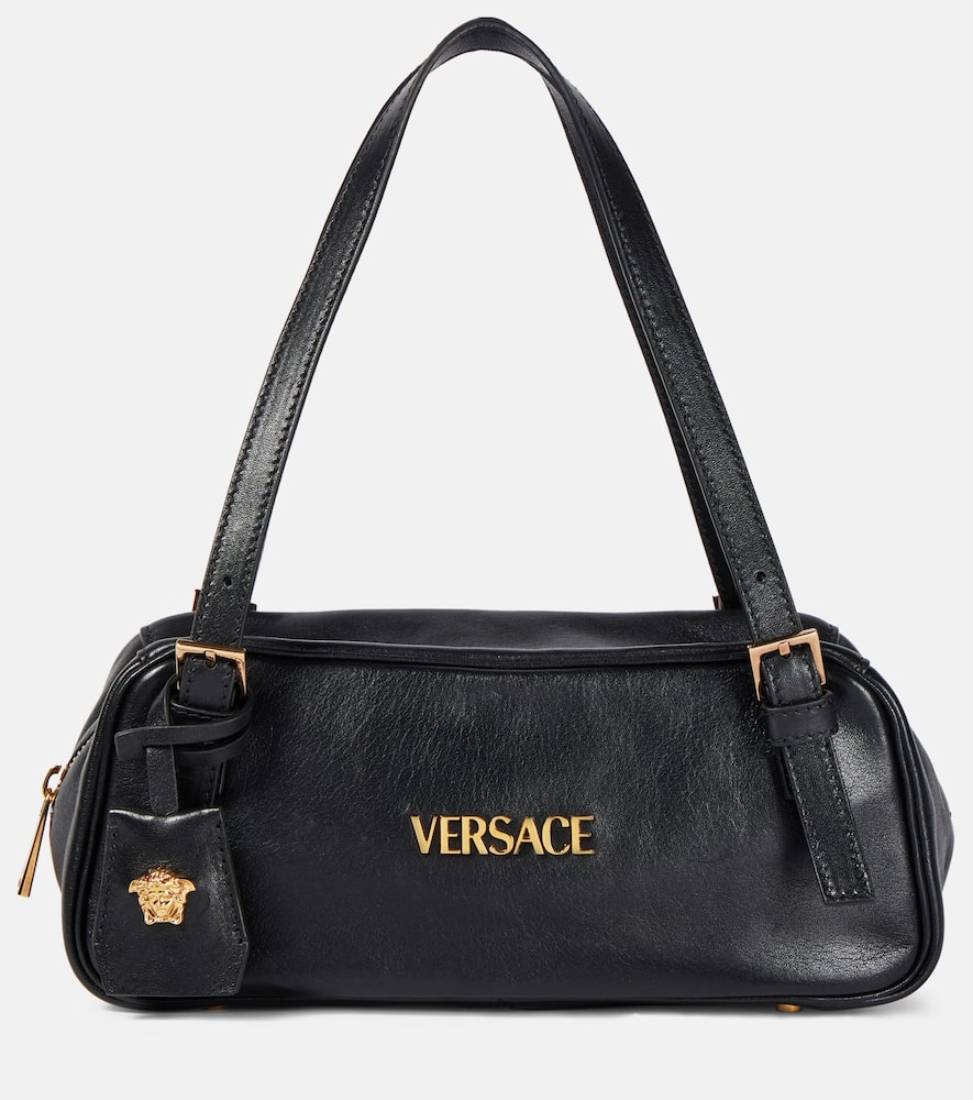 Versace Tag Bowling Medium Leather Shoulder Bag In Black