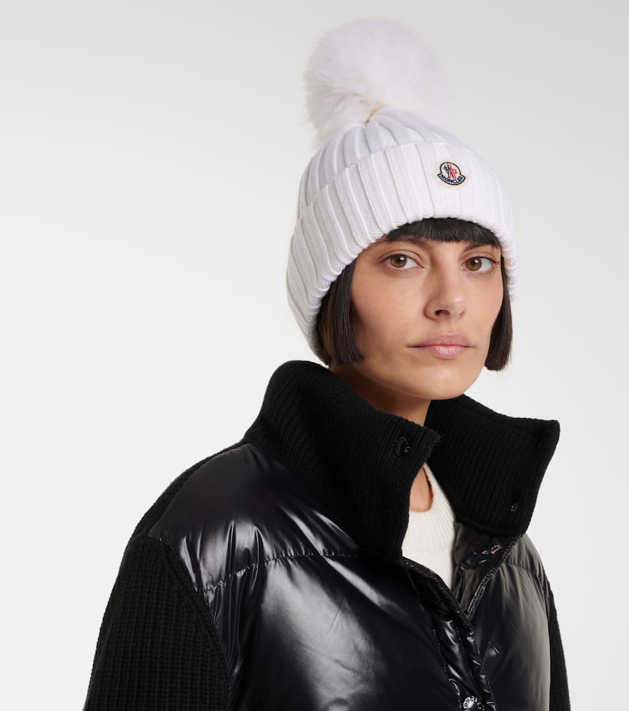 Moncler Ribbed Wool Beanie With Faux Fur Pom In White