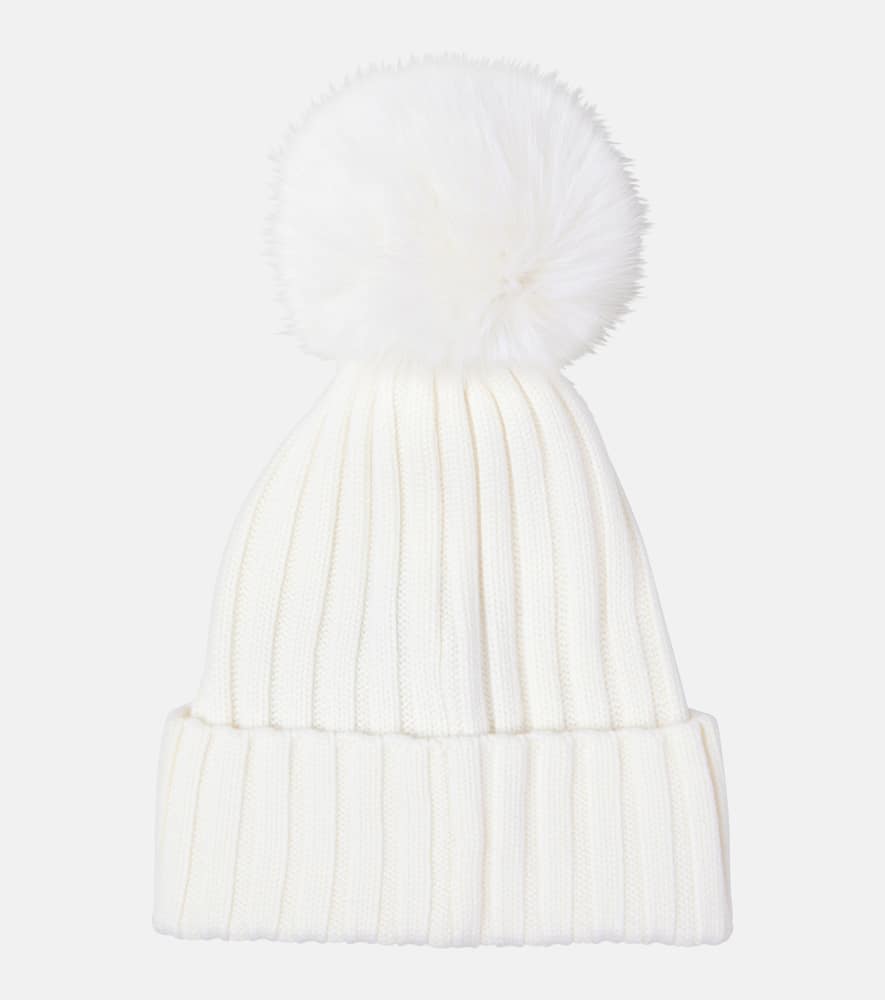 Moncler Ribbed Wool Beanie With Faux Fur Pom In White
