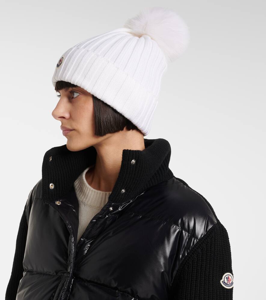 Moncler Ribbed Wool Beanie With Faux Fur Pom In White