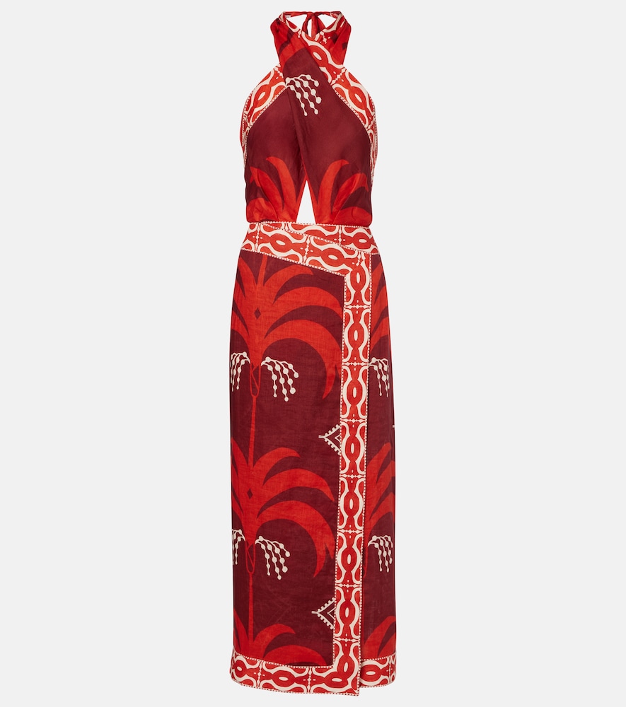 Printed Open-Back Linen Midi Dress