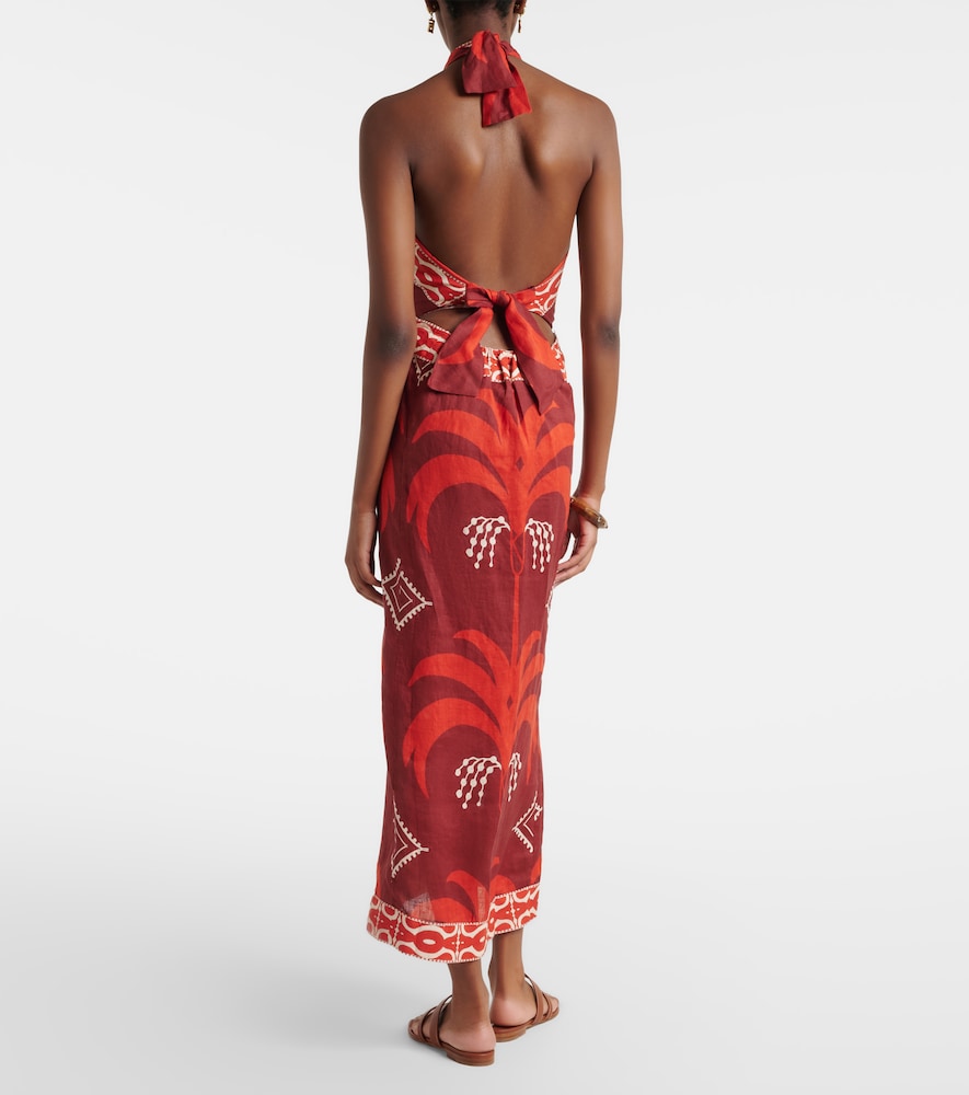Printed Open-Back Linen Midi Dress