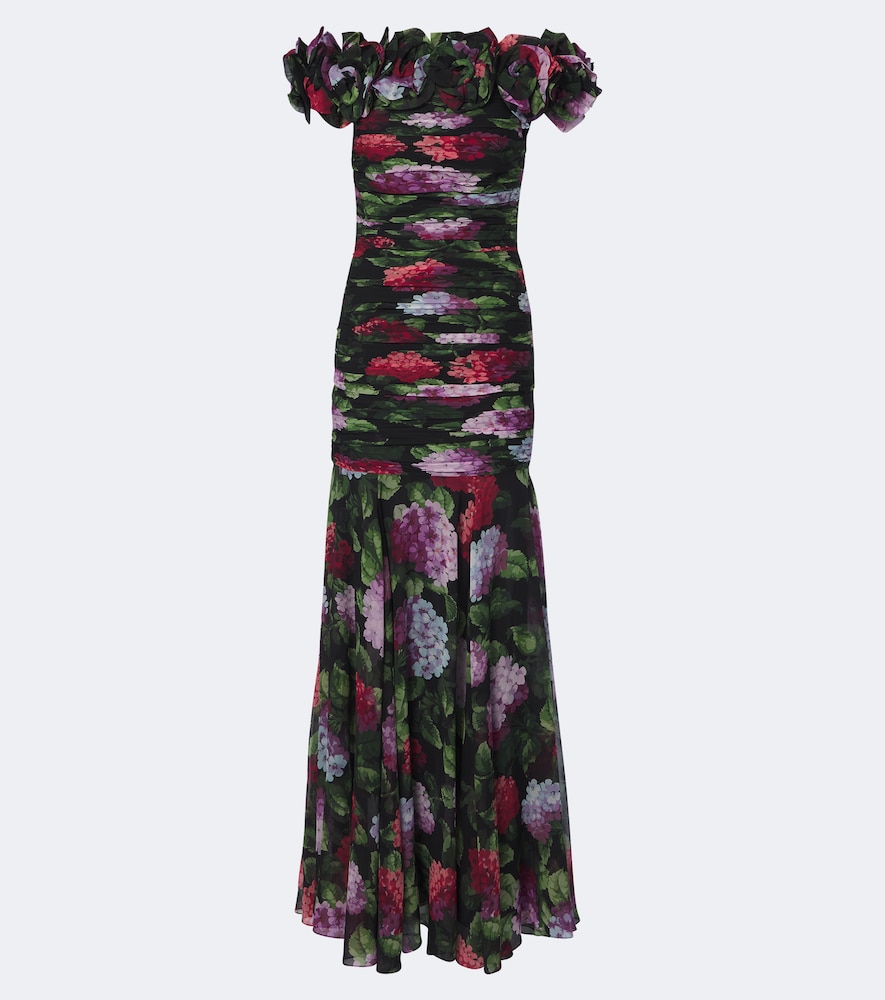 Carolina Herrera Floral-applique Floral Draped Silk Gown In Schwarz