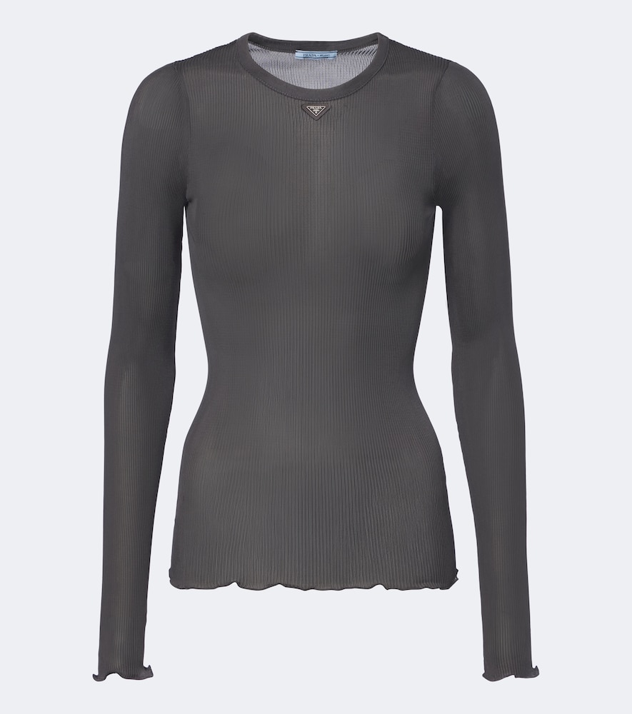 Prada Ribbed-knit Silk Top In Grey