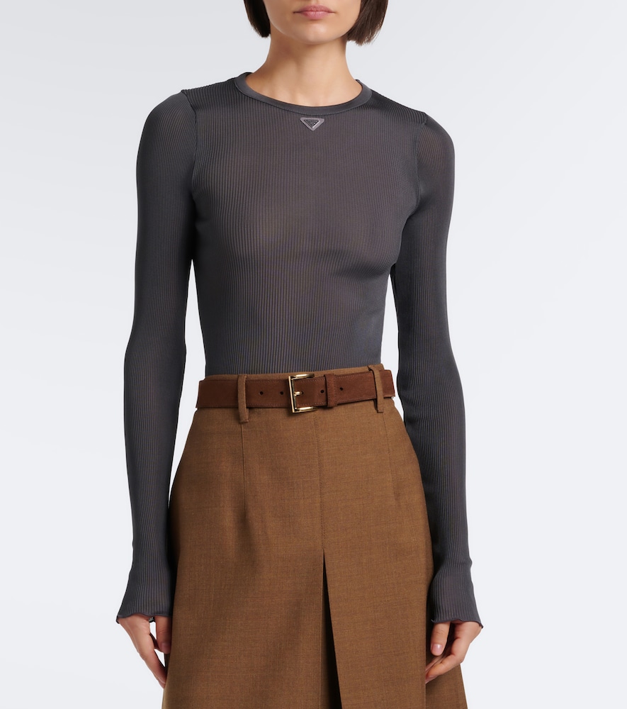 Prada Ribbed-knit Silk Top In Grey