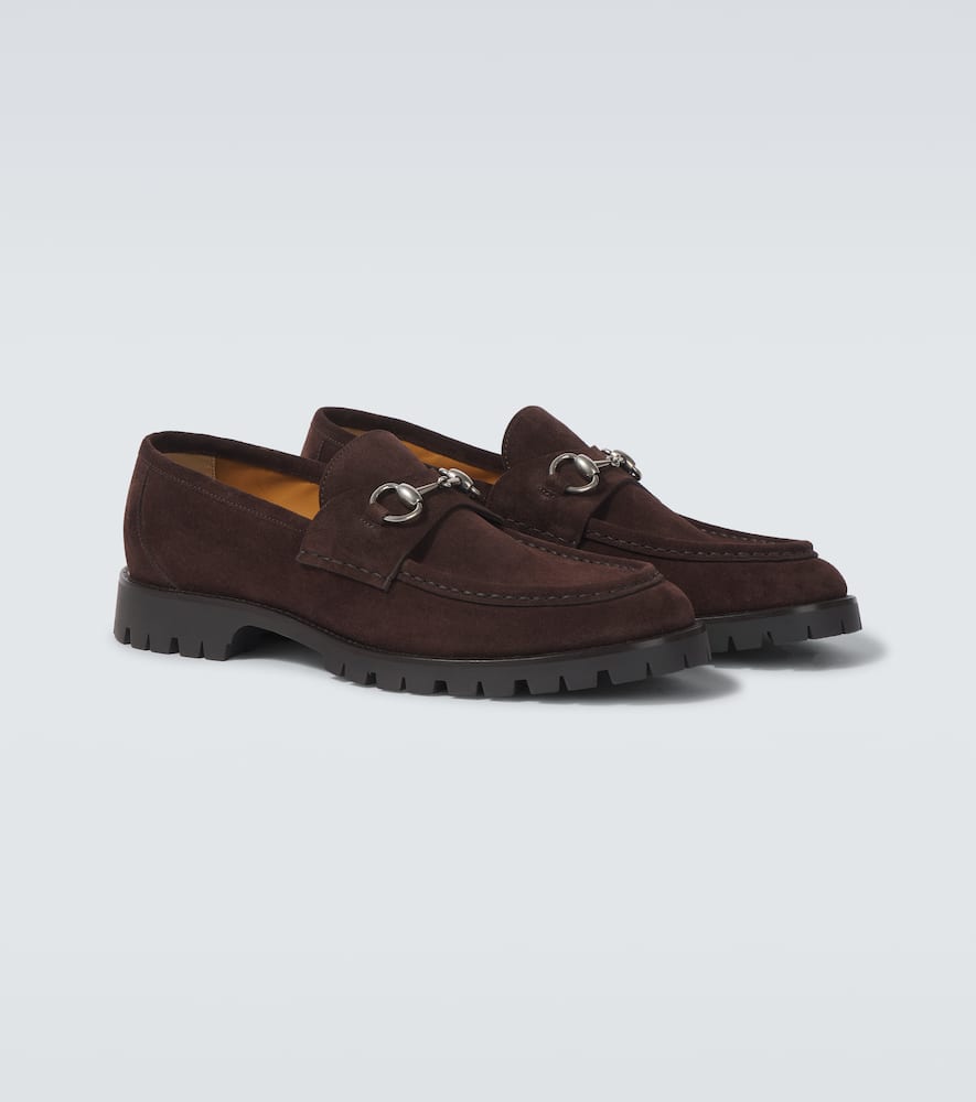 Shop Gucci Horsebit Suede Loafers In Brown