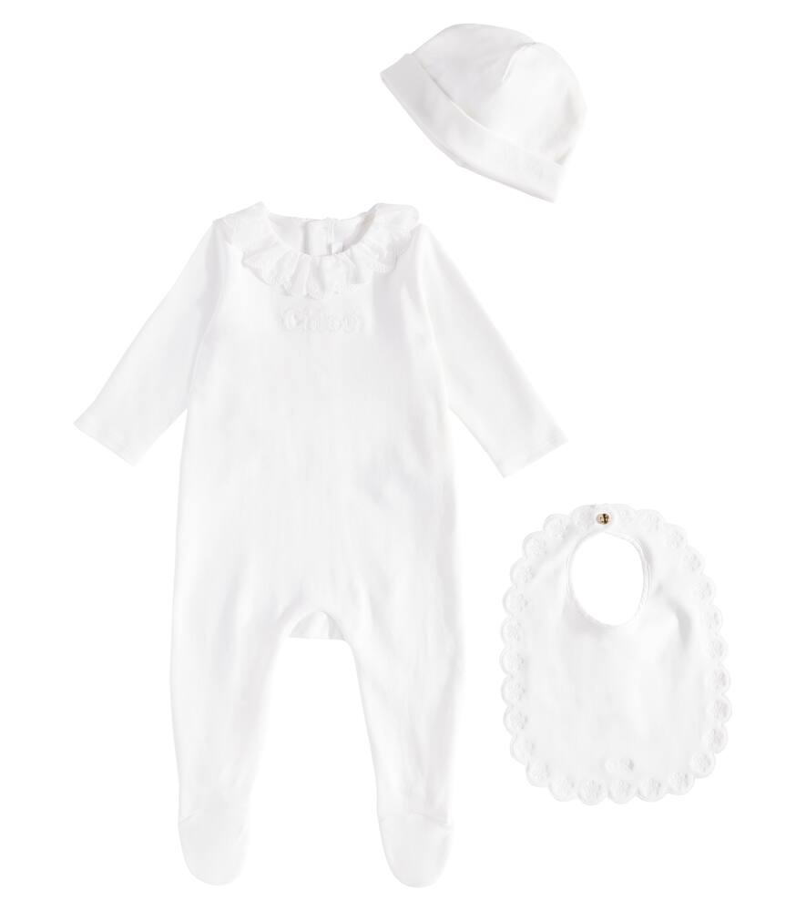 Chloé Kids Baby logo cotton hat, bib, and onesie set