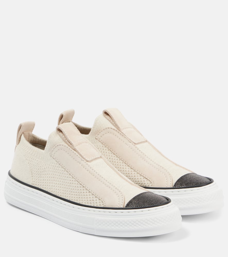 Brunello Cucinelli Suede-trimmed Canvas Sneakers In Beige