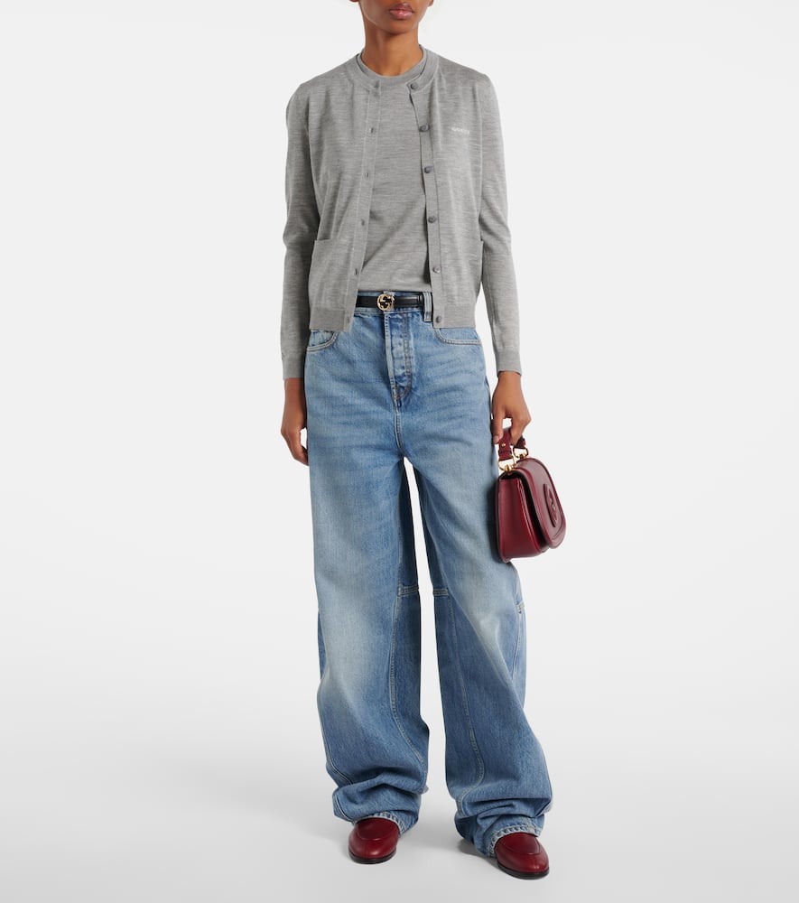 Gucci Grey Cardigan With Round Neck And Logo Lettering Embroidery On The Front In Cashmere And Silk Woman In Gray