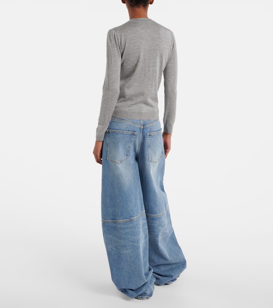Gucci Grey Cardigan With Round Neck And Logo Lettering Embroidery On The Front In Cashmere And Silk Woman In Gray