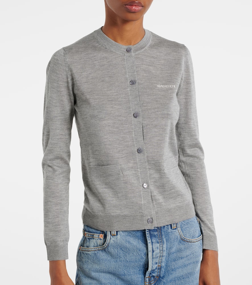 Gucci Grey Cardigan With Round Neck And Logo Lettering Embroidery On The Front In Cashmere And Silk Woman In Gray