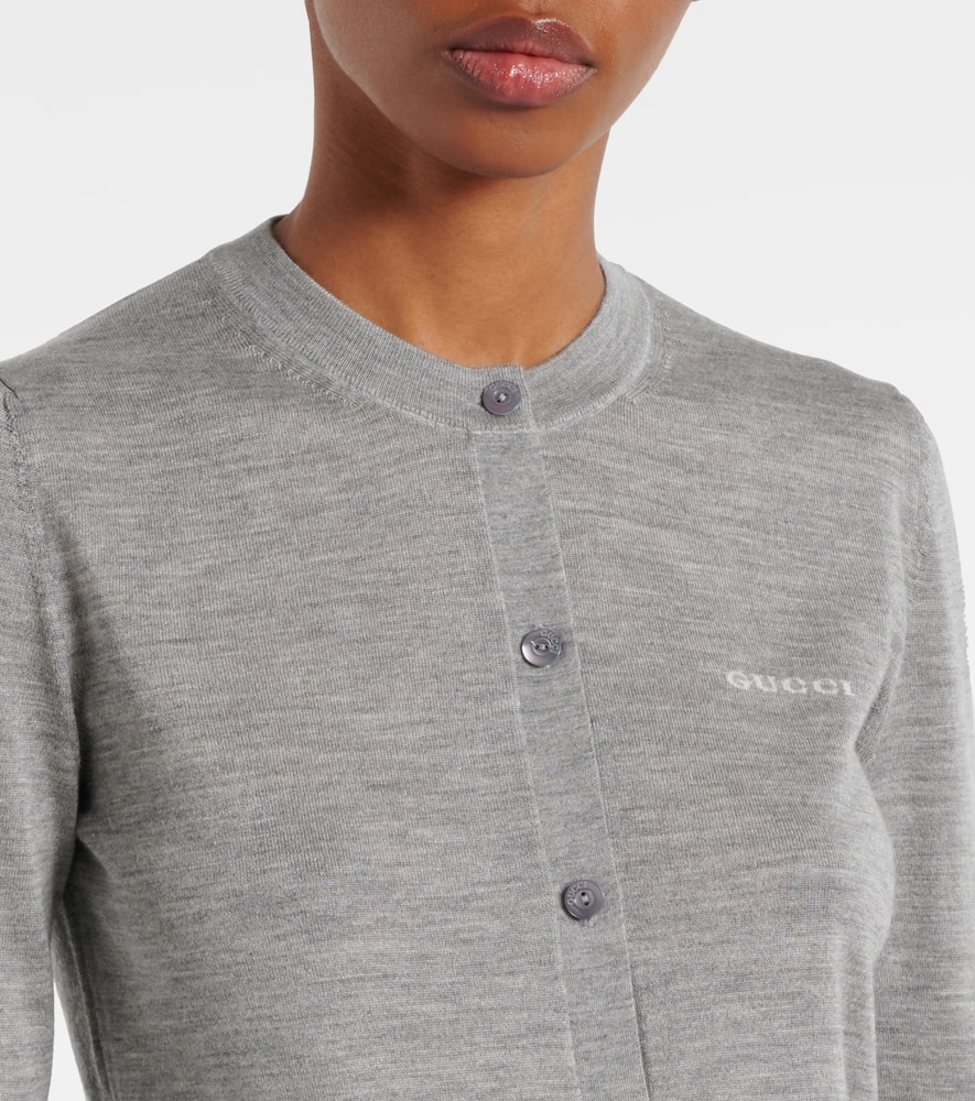 Gucci Grey Cardigan With Round Neck And Logo Lettering Embroidery On The Front In Cashmere And Silk Woman In Gray