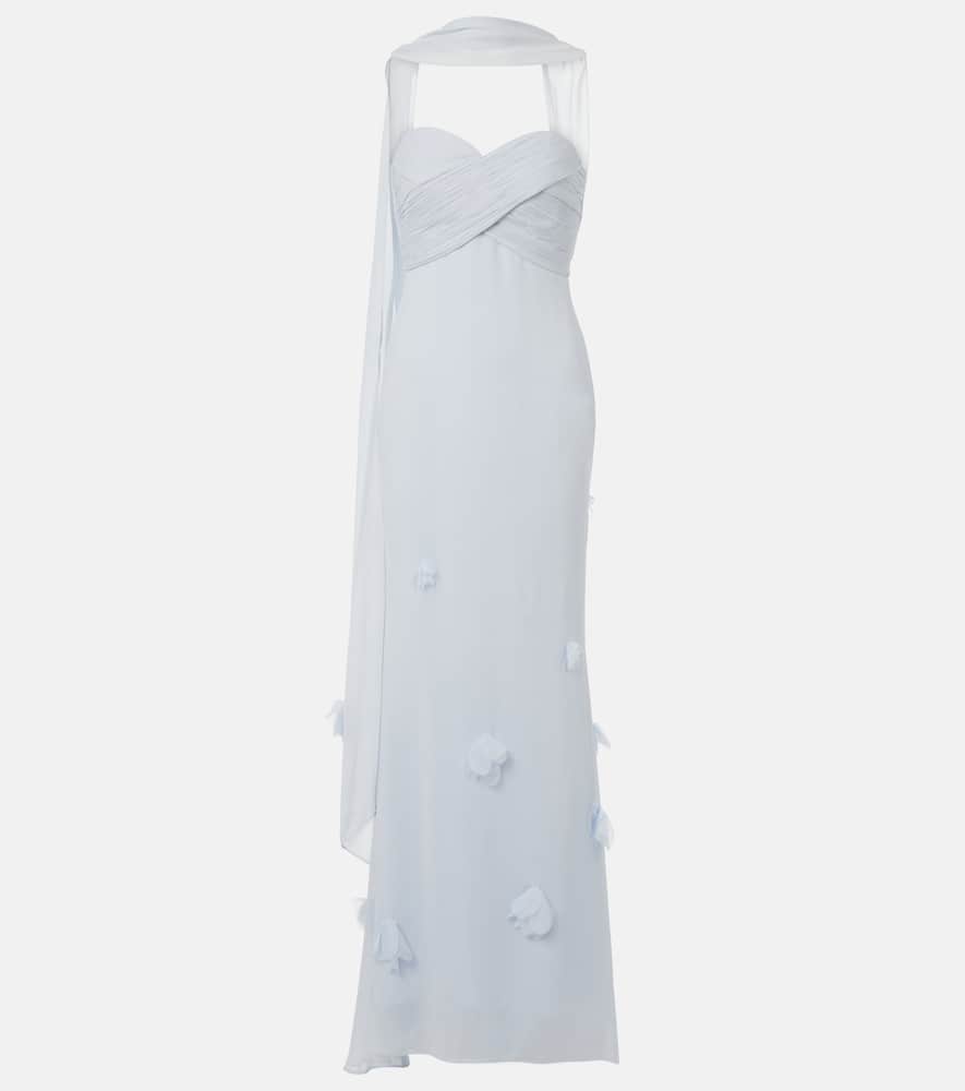 Floral-appliqué silk-detail georgette gown