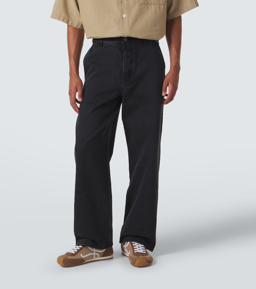 Leather-Trimmed Wide-Leg Jeans
