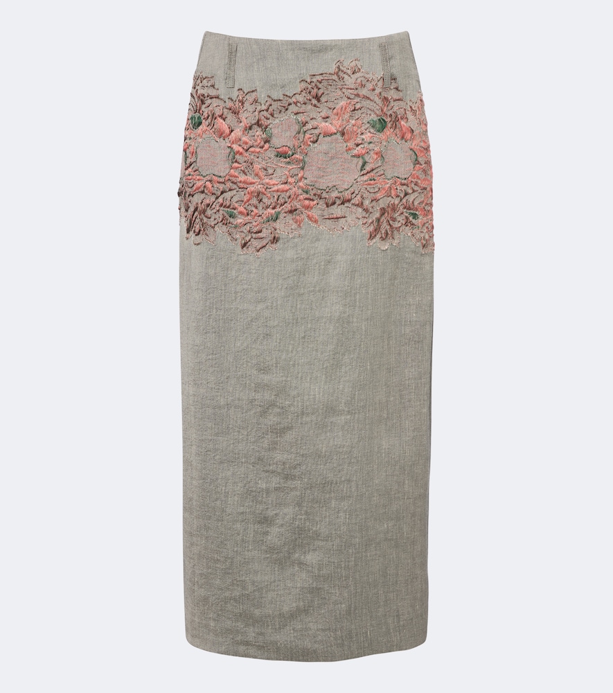 Dries Van Noten Embroidered Linen And Cotton-blend Midi Skirt In Grey