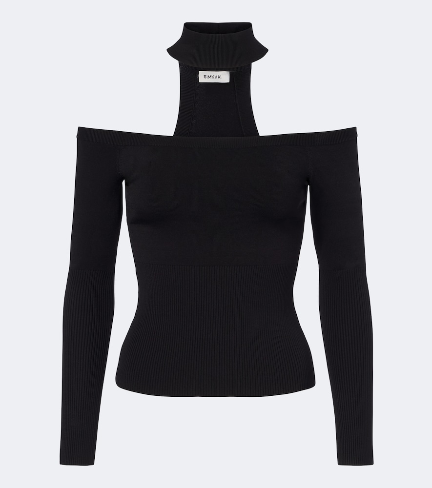 Top Lila in maglia a coste off-shoulder