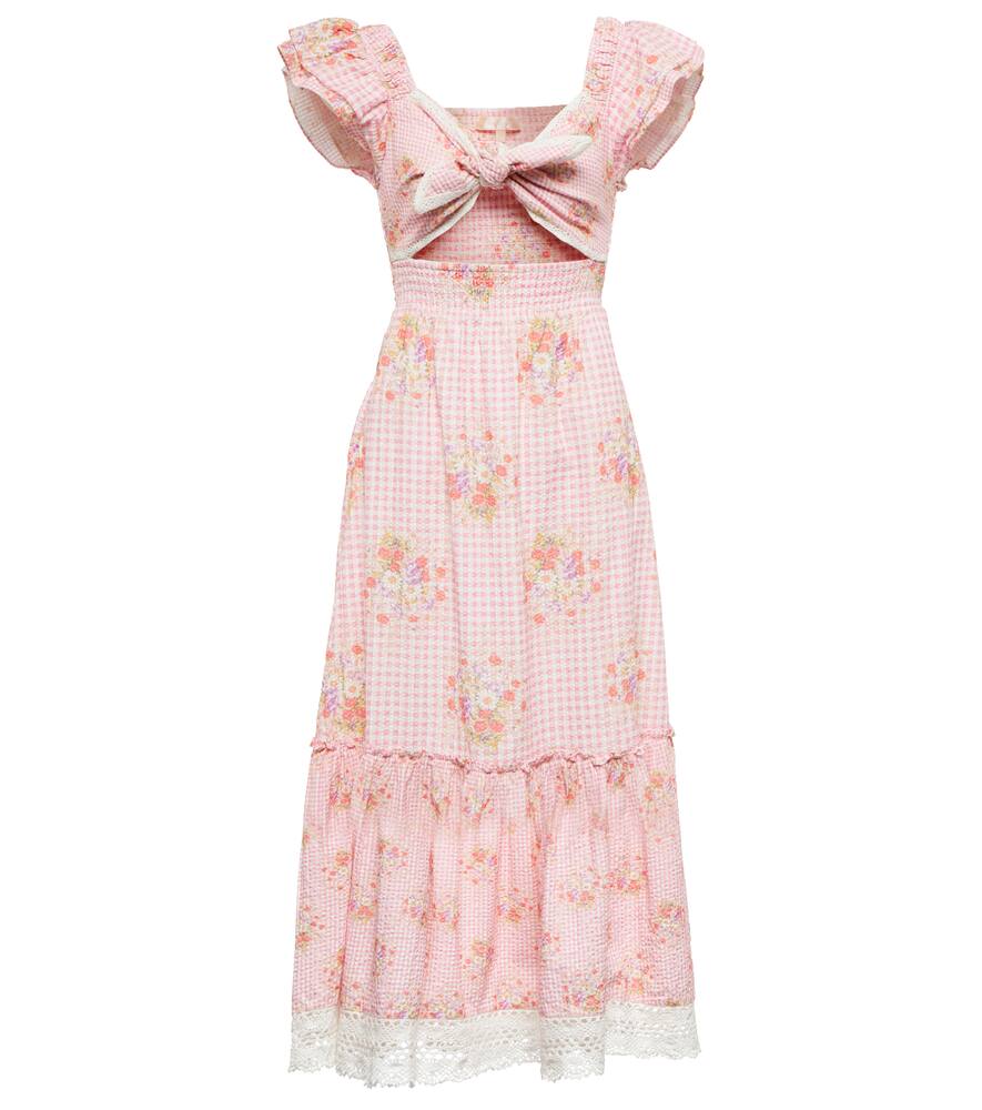 Loveshackfancy Emeka Floral Gingham Seersucker Midi Dress In Berry Picnic