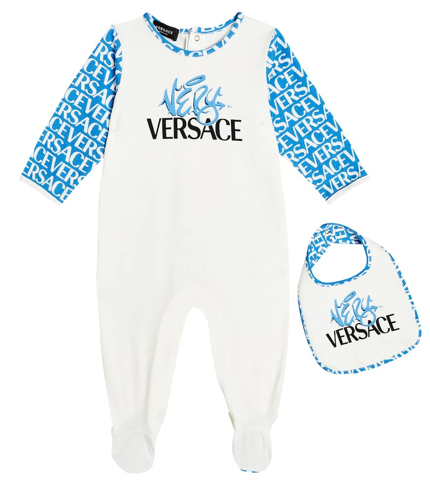 Versace Baby Cotton-blend Printed Onesie And Bib Set In White+light Blue+black