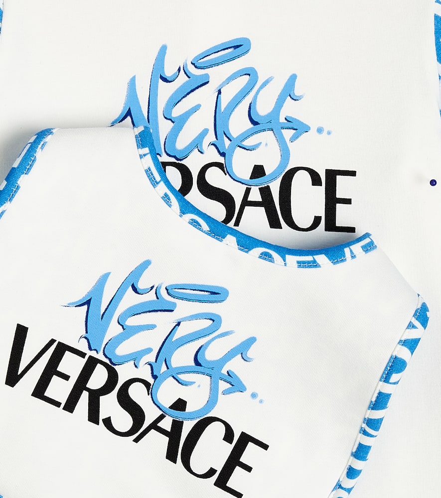 Shop Versace Baby Cotton-blend Printed Onesie And Bib Set In White+light Blue+black