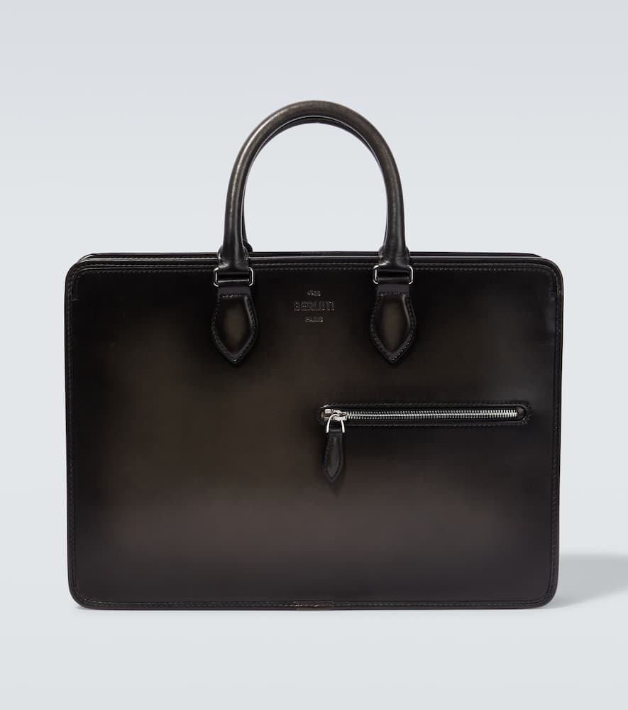 Berluti Leather Briefcase In Nero Grigio