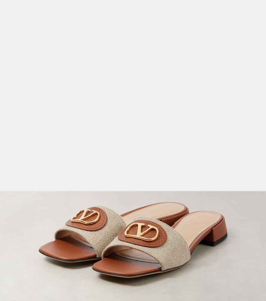 Valentino Vlogo Embellished Textured-leather And Canvas Slides In Neutrals