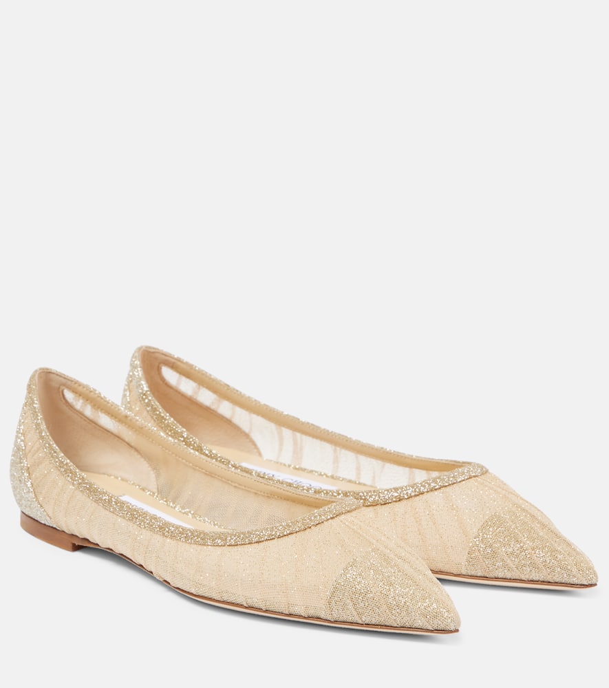 Jimmy Choo Love Glittered Tulle Ballet Flats In Gold