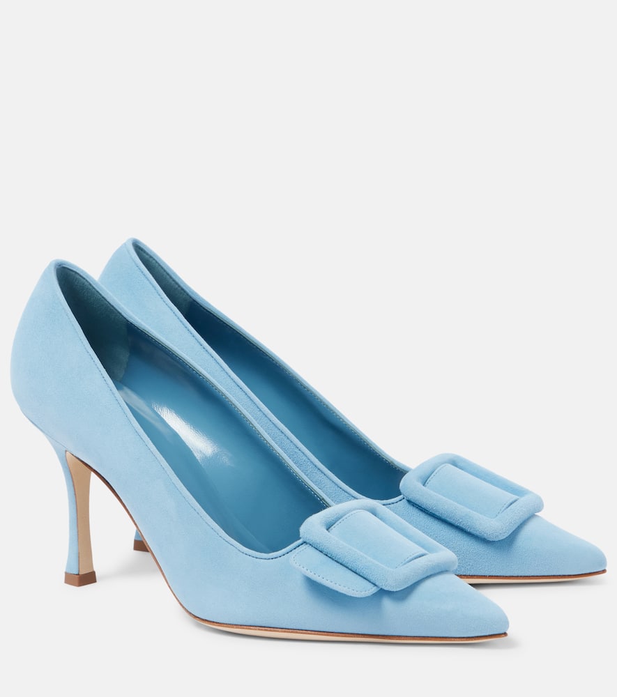 Manolo Blahnik Suede Maysale Kitten Heel Pumps In Blue