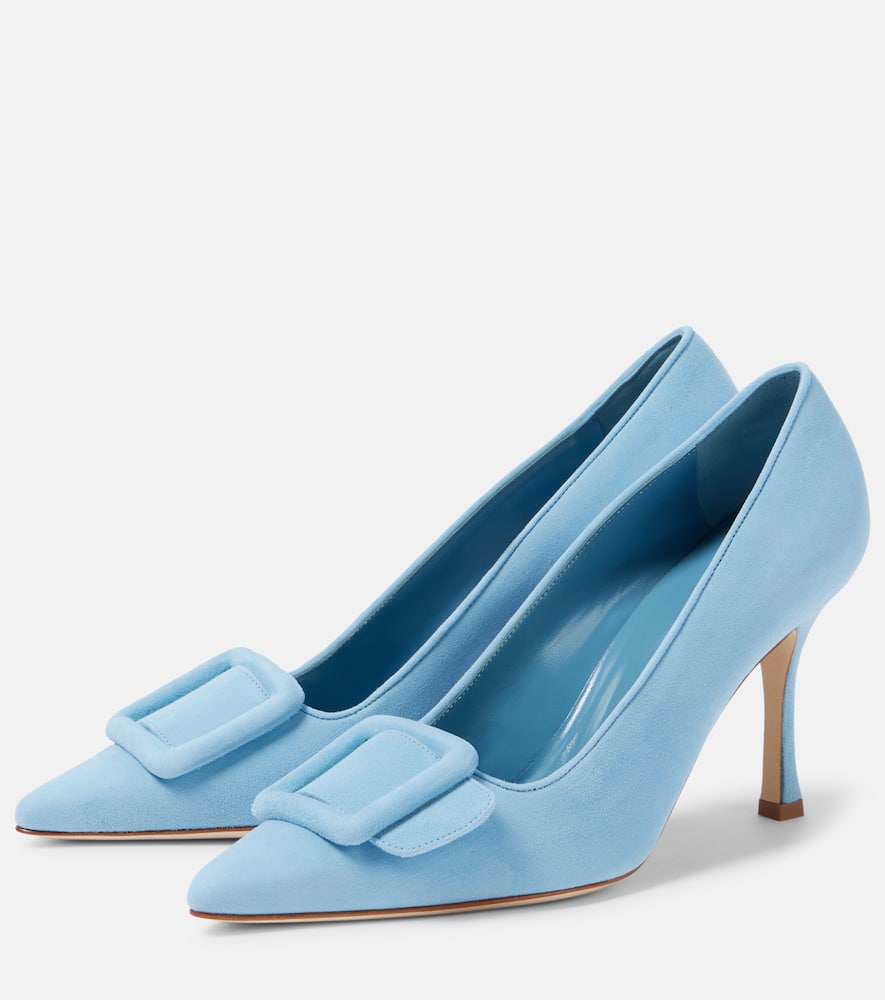 Manolo Blahnik Suede Maysale Kitten Heel Pumps In Blue