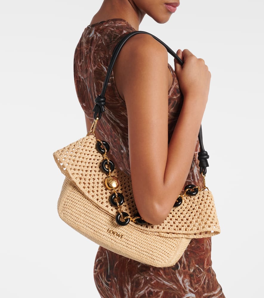 Loewe Medium Ola Shoulder Bag In Raffia And Calfskin In Neutrals