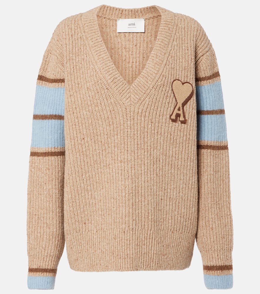 Ami Alexandre Mattiussi V-neck Cashmere Sweater With Embroidered Heart Detail In Brown