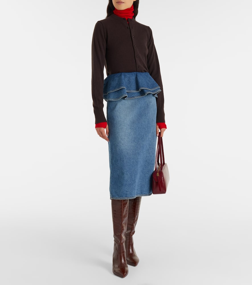 Plan C Peplum Denim Midi Skirt In Blue