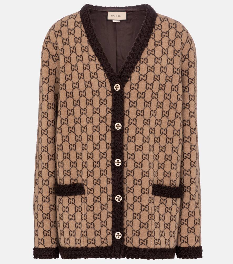 Gucci Brown Metallic Monogram Intarsia Cardigan In Brown