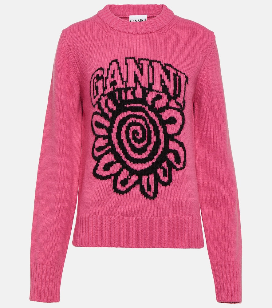 Ganni Floral-motif Crew-neck Jumper In Pink