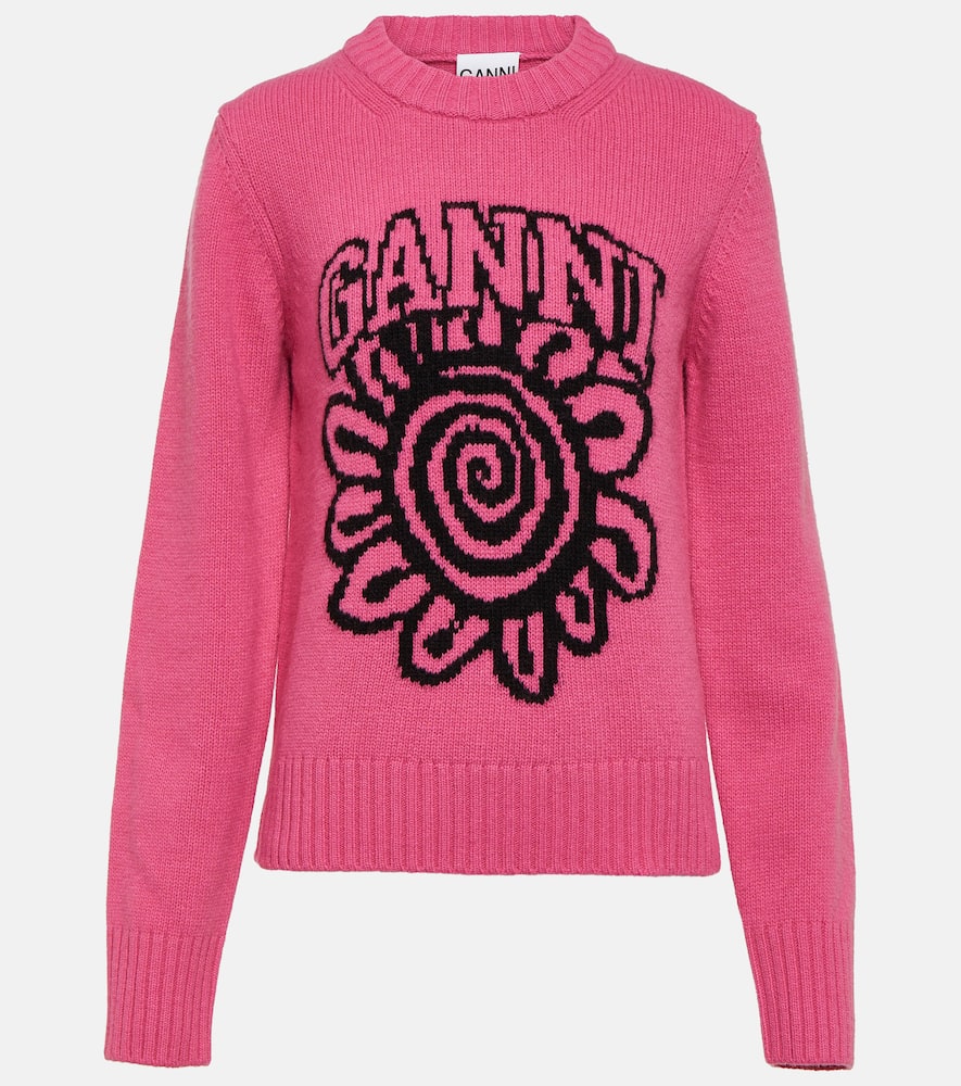 Shop Ganni Logo Wool-blend Sweater In Pink