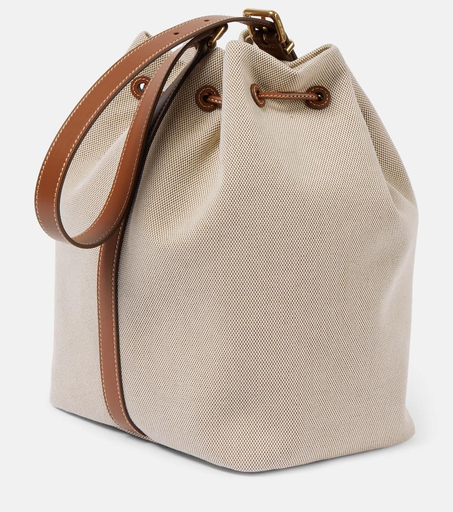 Miu Miu Logo Leather-trimmed Bucket Bag In Beige