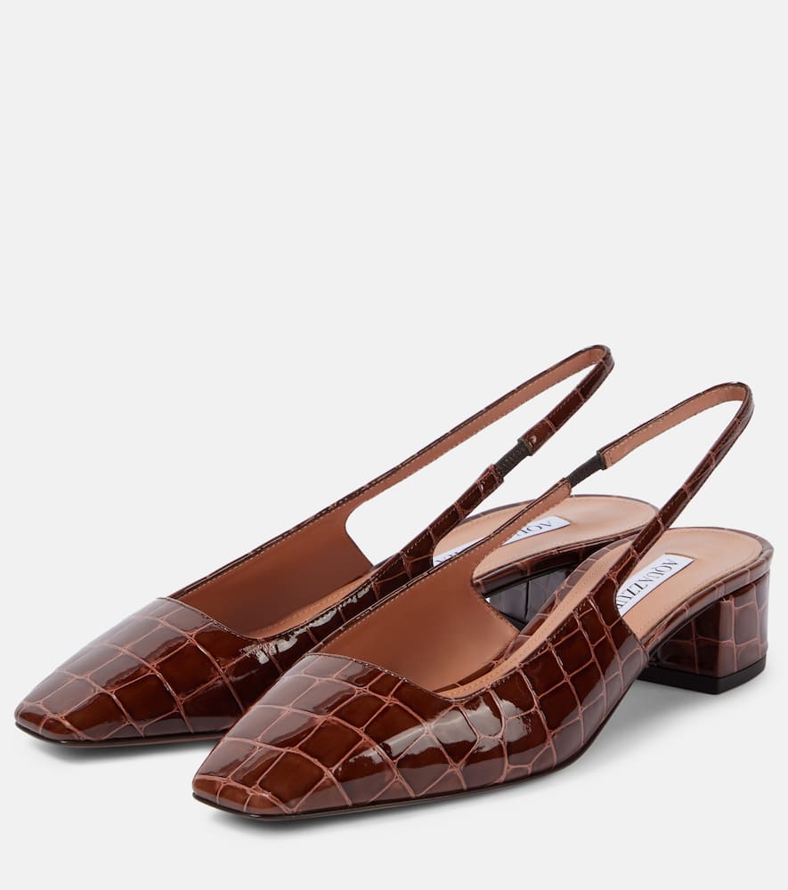 Aquazzura Ginza 35 Croc-effect Slingback Pumps In Brown Patent Lather In Brown