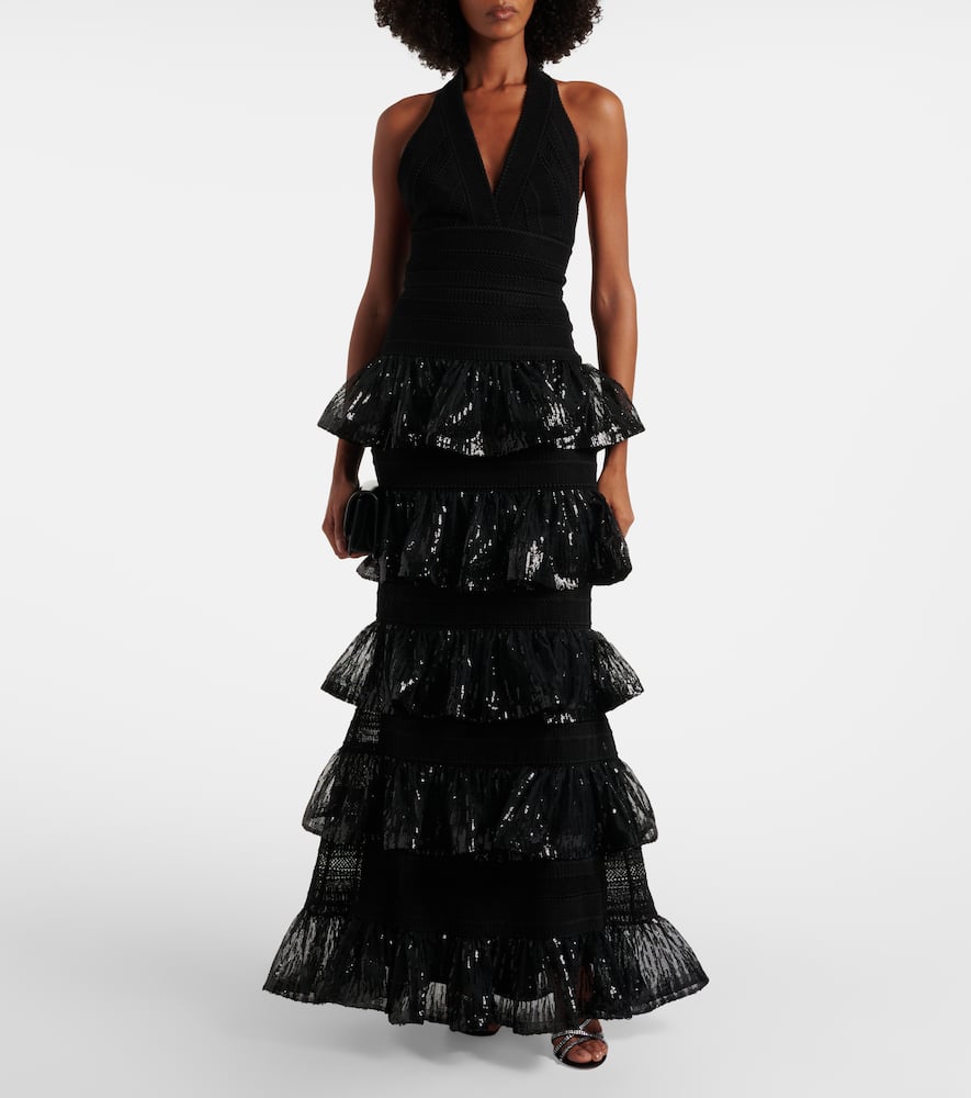 Elie Saab Sequined Macramé Gown In Black