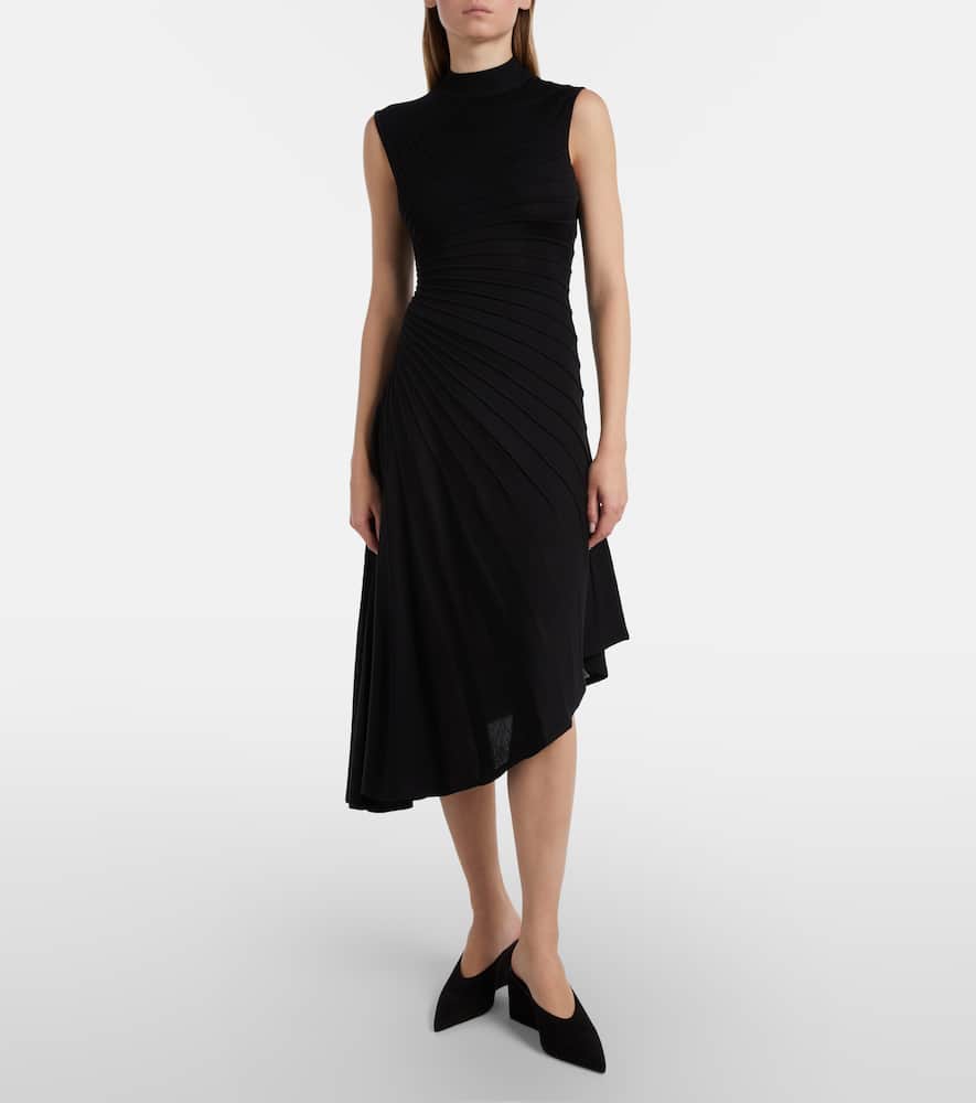 Alaïa Asymmetric Virgin Wool Midi Dress In Black